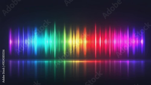 A vibrant, neon rainbow spectrum of light waves, reflected on a dark surface, with vertical lines