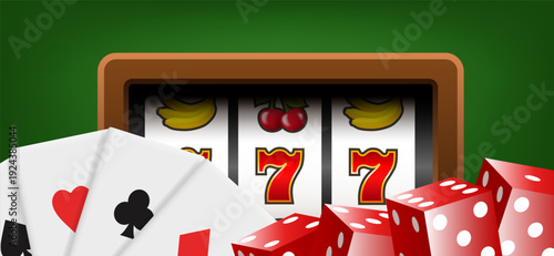 Slot machine, playing cards and red dice. Vector 3d illustration on green background.
