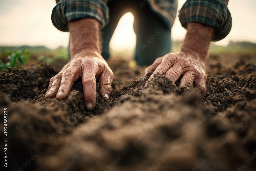 Fototapeta premium Close-up of Worker?s Hands Touching Soil in Natural Light