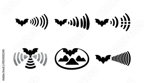 Solid style icons of echolocation signal modulation: frequency shifts, amplitude variations, pulse-rate adjustments, adaptive