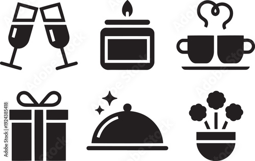 Celebration and lifestyle icons including champagne candle coffee gift food and flowers