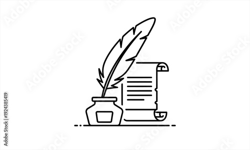 Quill pen, inkwell, and scroll representing writing and literature.