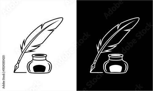 Quill pen and inkwell for writing and calligraphy.