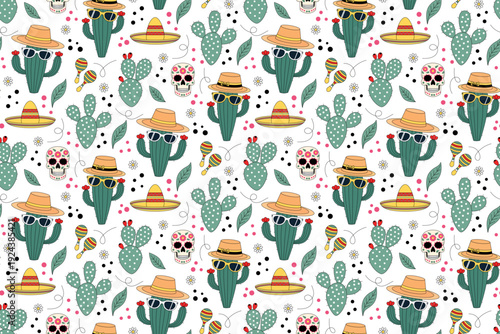 Seamless pattern with cute cacti in sunglasses, sombreros and sugar skulls for Cinco de Mayo. Vector illustration