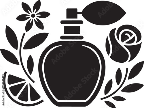 Black silhouette perfume bottle with floral elements and citrus slice on grid background