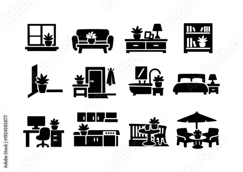 House Plant Decor Placement. Solid vector icons of house plant decor placement: windowsill, coffee table, sideboard, bookshelf,