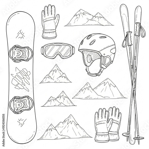 A vector graphic illustration of various winter sports equipment and mountain scenery in a minimalist line art style