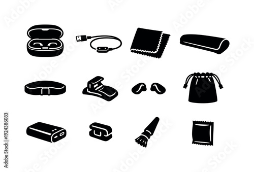 Solid vector icons of smart glasses accessories: charging case, magnetic cable, lens cloth, protective sleeve, head strap, clip