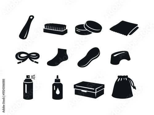 Solid vector icons of shoe accessories: shoehorn, shoe brush, polish, cloth, lace, sock, insole, heel protector, waterproof spray