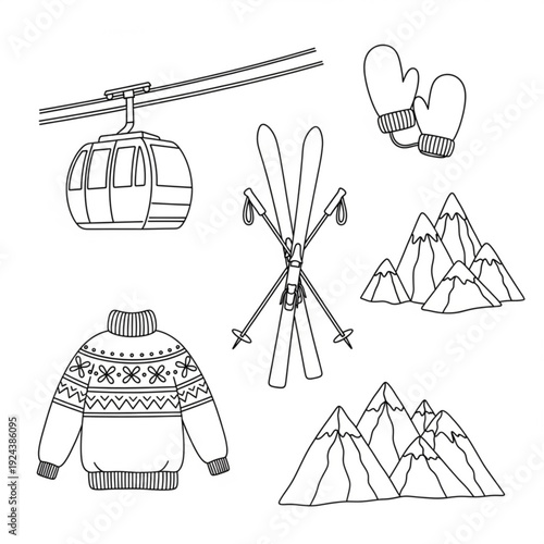 A vector graphic illustration of various skiing and winter sports icons, including a ski lift, skis, snow mountains, mittens, and a sweater.