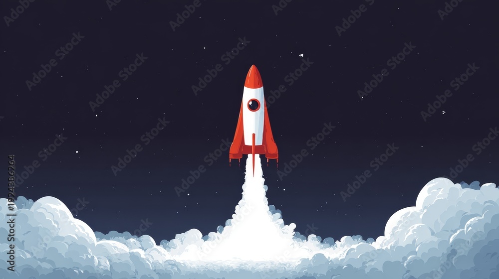 Fototapeta premium Retro cartoon rocket launching into night sky above clouds