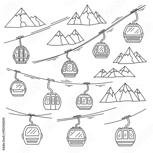 A minimalist line art illustration of a ski lift with gondolas and mountain peaks in the background