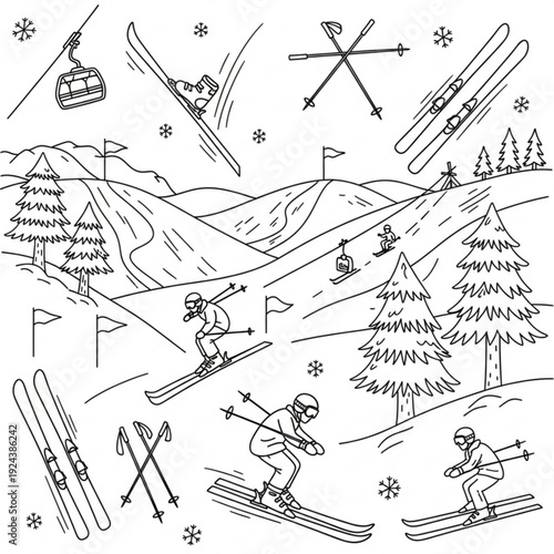 A black and white vector graphic illustration of skiers in action on a snowy mountain with trees and a ski lift