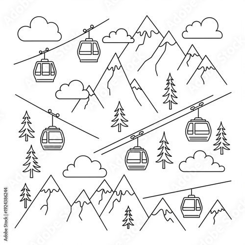 A minimalist line art illustration of a mountainous landscape with a ski lift and trees