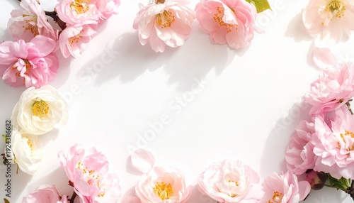 Spring blossom flowers framing the edges of the image, warm pastel tones, soft natural lighting, top view composition, clean white background in the center for copy space