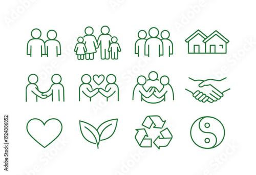 Line style of green community vector icons: people, family, group, neighbors; meeting, sharing, teamwork, care; heart, leaf,