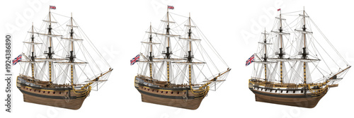 Photos HMS Endeavour isolated on white background, 18th century Royal Navy ship, Britis