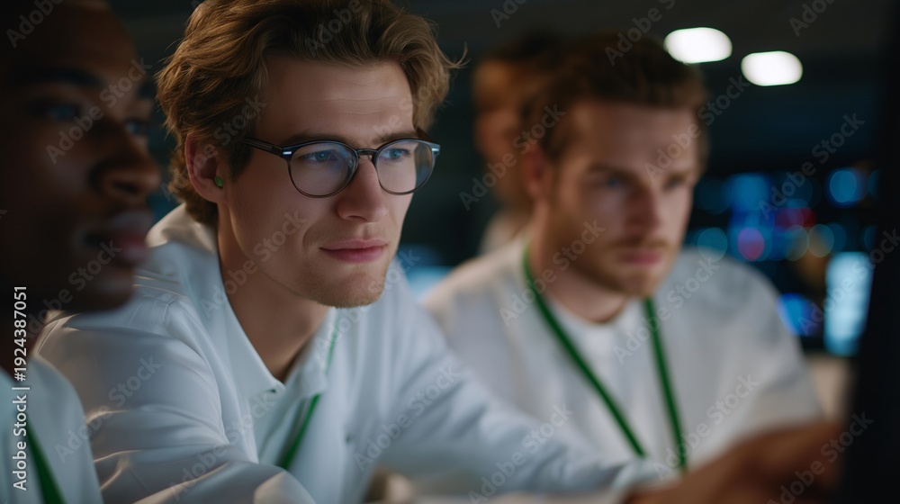 Fototapeta premium Dynamic modern data center equipped with robotic automation and cloud computing resources, highlighting the future of IT infrastructure. Staff members in smart uniforms monitor servers while blue