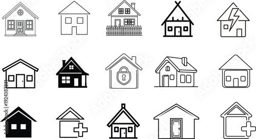 Collection of 15 simple house icons in black and white