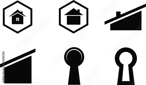 Black and white icons of houses and keys