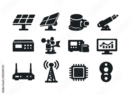 Solid vector icons of solar tracking system: solar array, tracker system, azimuth motor, elevation actuator, control unit,