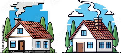 Two houses with smoke from chimneys

