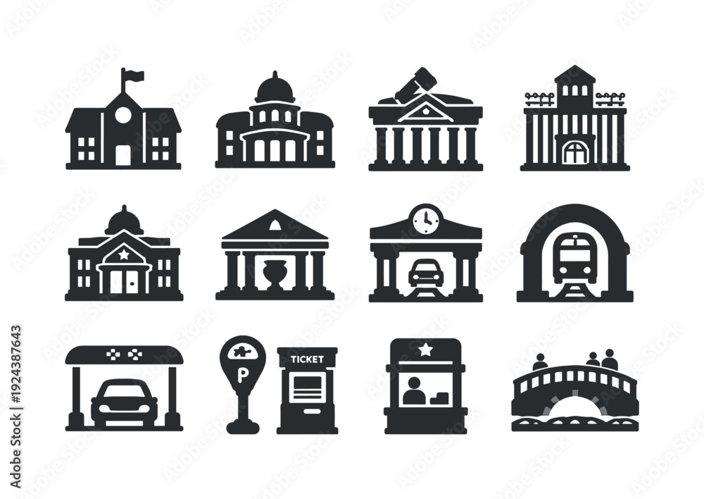 Fototapeta premium Solid vector icons of public services: school, university, courthouse, prison, civic center, museum, train station, metro station