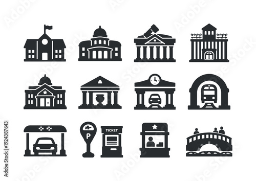 Solid vector icons of public services: school, university, courthouse, prison, civic center, museum, train station, metro station