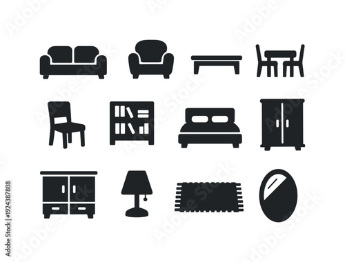 Solid vector icons of furniture store: sofa, armchair, coffee table, dining table, chair, bookshelf, bed, wardrobe, cabinet, lamp