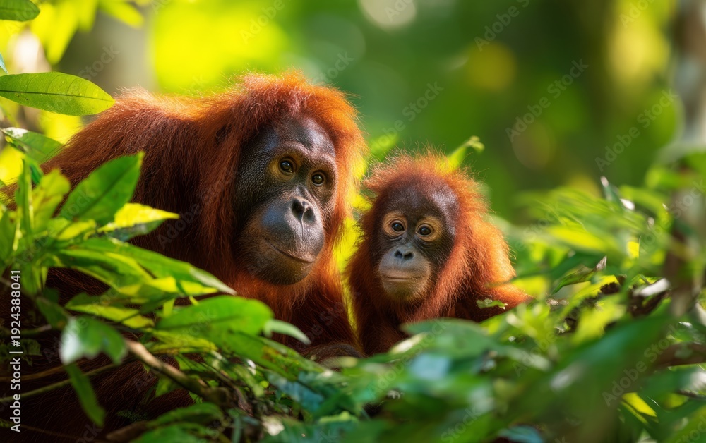 Fototapeta premium Closeup of Two Orangutans in Lush Rainforest Habitat Surrounded by Greenery