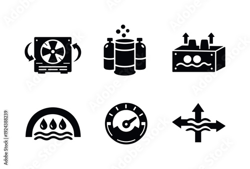 Solid style icons of atmospheric regulation systems: air-circulation unit, oxygen generation node, CO₂ scrubber block,