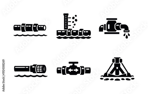 Deep-Water Pipeline Icons. Solid style icons of deep-water pipeline systems: insulated conduit, depth-pressure markers, pump unit,