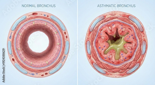 Normal Bronchus vs Asthmatic Bronchus Airway Comparison Illustration