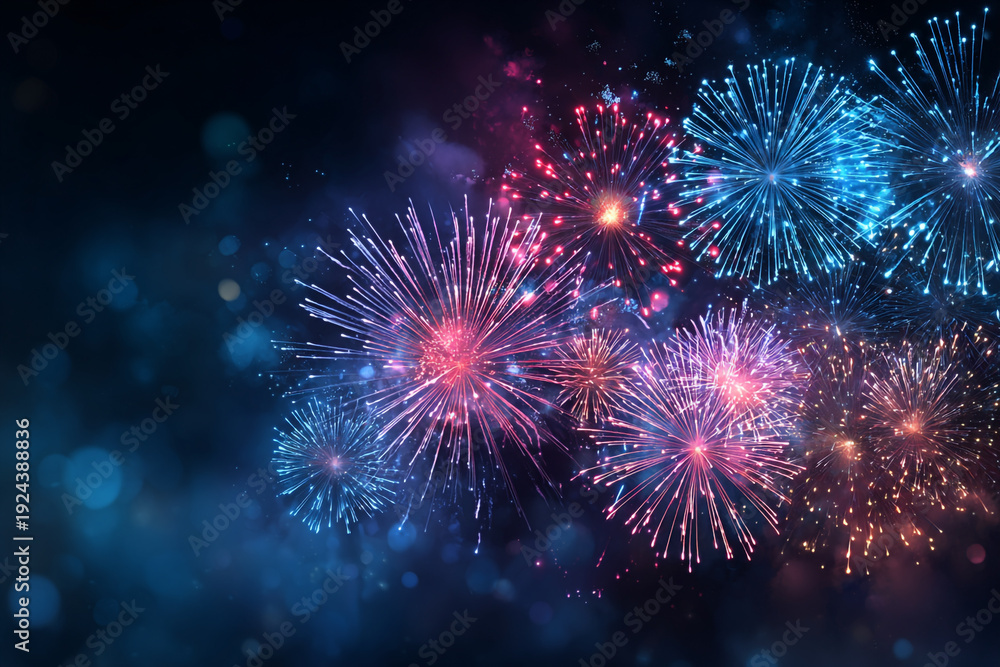 Fototapeta premium Vibrant fireworks illuminate the dark night sky with bursts of blue and pink light