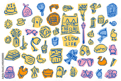 Cozy slow life lifestyle elements for mental health awareness and wellness branding