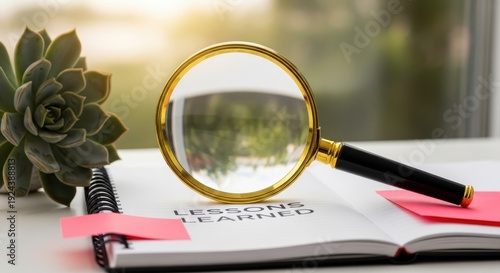 Magnifying glass resting on open notebook with 