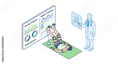Doctor monitoring patient undergoing physical therapy with advanced motion tracking technology and wearable sensors for rehabilitation progress analysis.