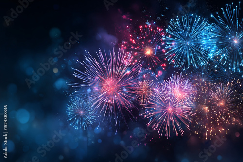 Vibrant fireworks illuminate the dark night sky with bursts of blue and pink light