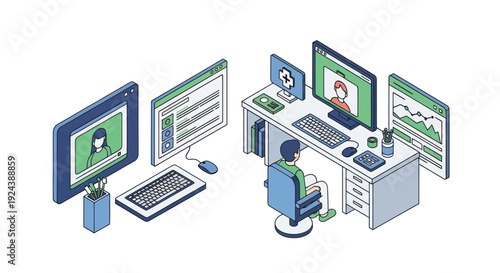 Isometric illustration of a person working at a desk with multiple computer monitors.