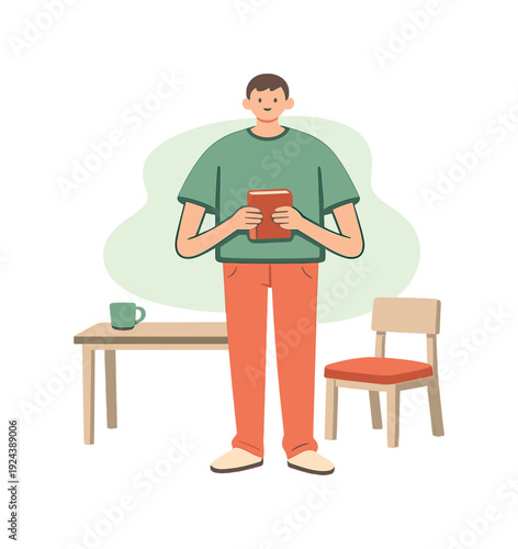 Bright person finishes closing a book and holds it briefly while standing beside a chair and desk. | closing book reading, flat