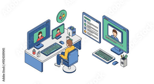 Man working remotely on computer with multiple monitors and video conferencing.