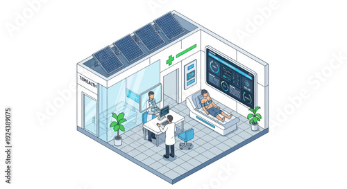 Isometric illustration of a modern medical clinic with solar panels on the roof.