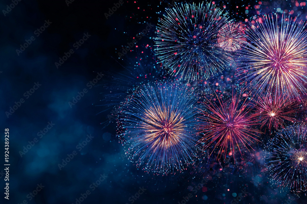 Fototapeta premium Colorful explosions of fireworks illuminate the night sky with dazzling bursts of blue and red light and glowing bokeh effects