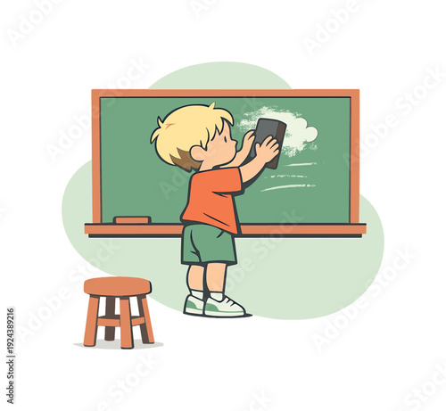Sunny child cleans a chalkboard with an eraser, chalk dust drifting, lines fading, stool nearby, hands steady and focused now! |
