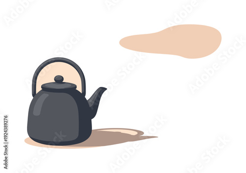 Kettle silhouette object st and ing up right with roundedbodysh ortspout and arched toph andle positi oned in the left third ona