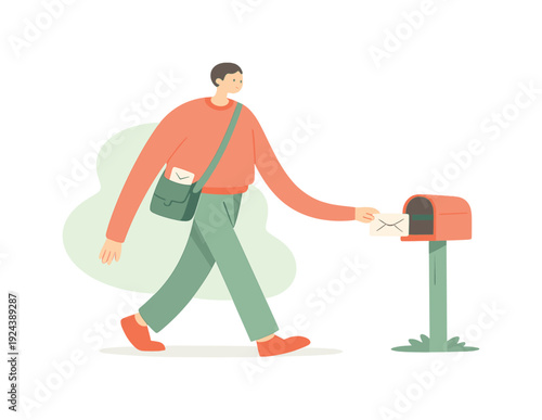 Bright person walks slowly toward a mailbox holding a single envelope as a strap and folded note move with them. | person sending