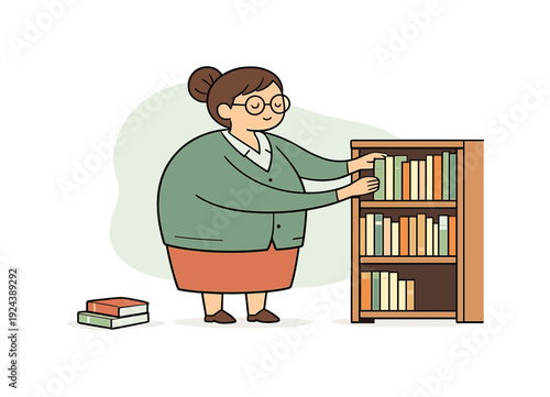 Quirky Librarian Illustration. Quiet librarian stands by a shelf organizing books, arms lifting volumes as spines align neatly and