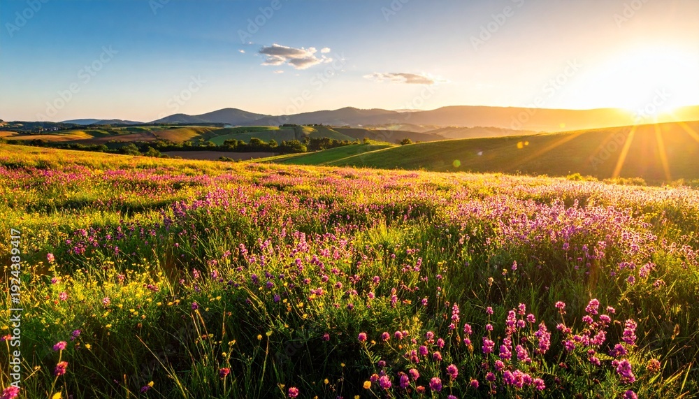 Obraz premium Warm spring wildflower field during golden hour, soft sunlight, glowing pink and yellow blossoms, peaceful countryside atmosphere, wide landscape composition, large copy space in the sky area