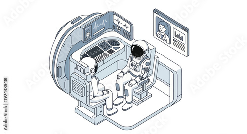 Astronaut in Space Station Module with Solar Panels and Control Panels.
