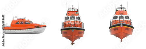 Modern lifeboat isolated on white background, emergency rescue vessel, maritime safety boat, coastal rescue craft, offshore safety vessel, modern rescue watercraft, survival lifeboat, naval emergency 